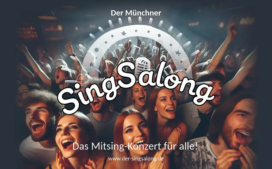 Ein Foto für die Veranstaltung 'Der Münchner SingSalong - Das Mitsing-Konzert für alle!', mit einer Gruppe von Menschen in einer Bar, die ihre Hände wie bei einem Konzert erheben, und einer weißen Schriftart.
