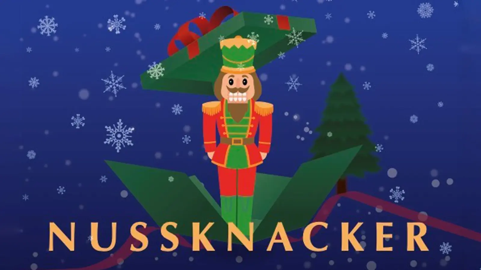 Plakat Nussknacker mit einer stilisierten Nussknackerfigur in rot grünem Uniformkostüm, die aus einer geöffneten Geschenkbox erscheint, vor blauem Hintergrund mit Schneeflocken, Weihnachtsbaum und dem Schriftzug Nussknacker