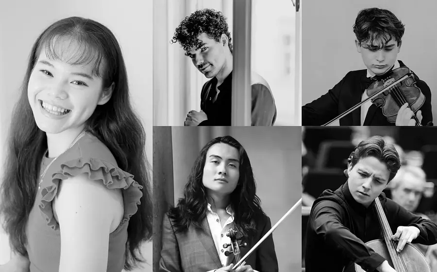 Fünfteilige Collage aus schwarz-weiß Portraits verschiedener Musiker*innen mit Instrumenten