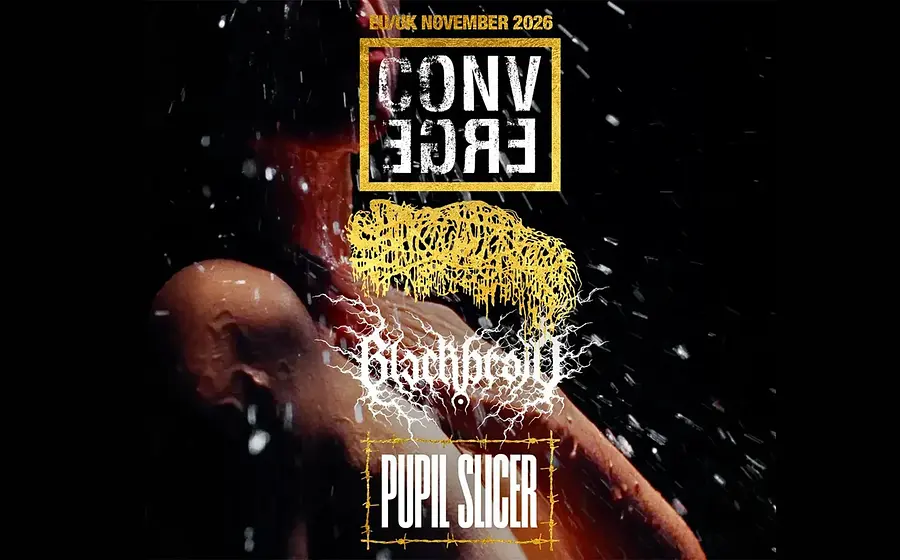 Plakat von Converge mit dunklem Motiv einer Person unter herabfallendem Wasser vor schwarzem Hintergrund, darüber die Bandlogos von Converge, Full of Hell, Kruelty und Pupil Slicer sowie der Hinweis EU/UK November 2026.