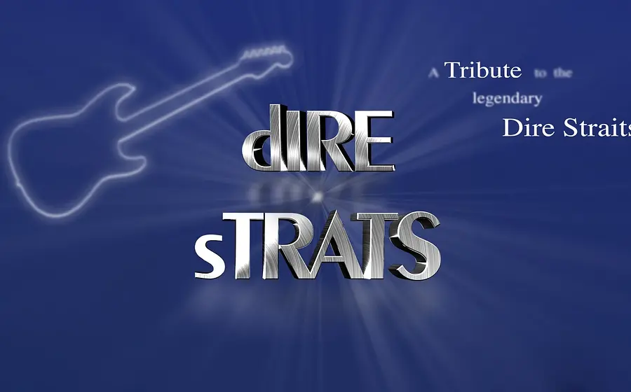 Plakat Dire Strats mit stilisierter E-Gitarrenkontur auf blauem Hintergrund sowie dem Schriftzug Dire Strats und dem Hinweis Tribute to the legendary Dire Straits