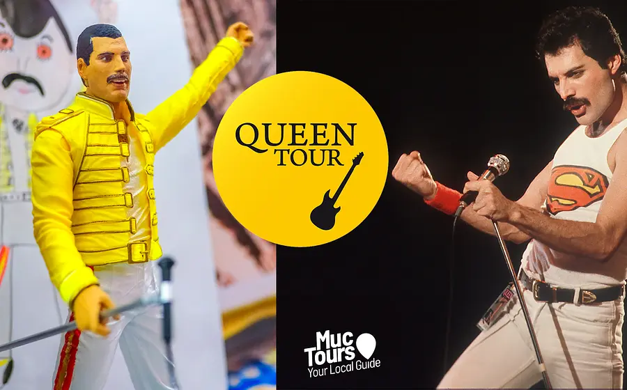 Foto für das Event MucTours – Queen Tour Specials 2025/2026: auf einer Seite des Bildes eine Queen-Figur, auf der anderen Seite eine Person bei einer Queen-Interpretation.