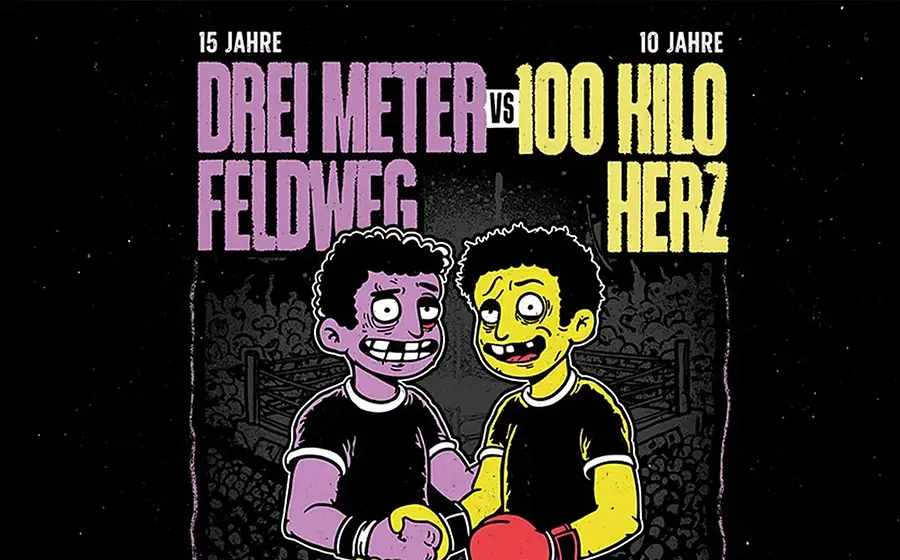 Grafik zum Jubiläum von Drei Meter Feldweg und 100 Kilo Herz mit den Aufschriften 15 Jahre Drei Meter Feldweg und 10 Jahre 100 Kilo Herz. Zu sehen sind zwei stilisierte Comicfiguren mit Boxhandschuhen vor einem Boxring, dargestellt in violetten und gelben Farbtönen.