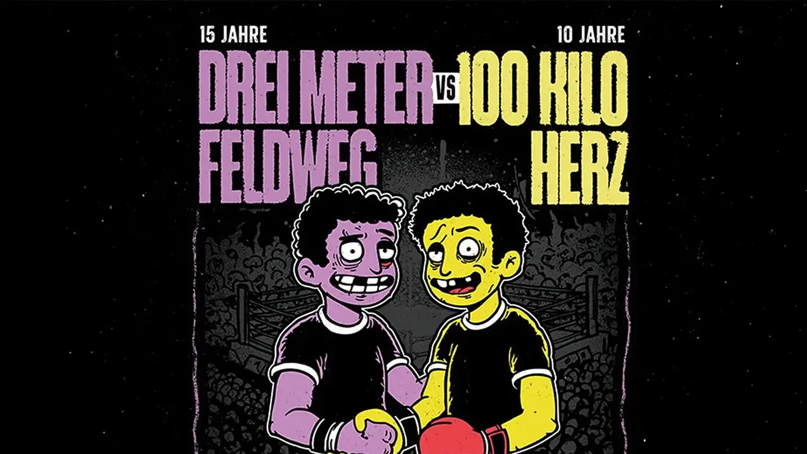 Grafik zum Jubiläum von Drei Meter Feldweg und 100 Kilo Herz mit den Aufschriften 15 Jahre Drei Meter Feldweg und 10 Jahre 100 Kilo Herz. Zu sehen sind zwei stilisierte Comicfiguren mit Boxhandschuhen vor einem Boxring, dargestellt in violetten und gelben Farbtönen.
