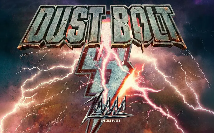 Grafik mit Logo der Band Dust Bolt und Zerre mit Blitzen auf dunklem Hintergrund