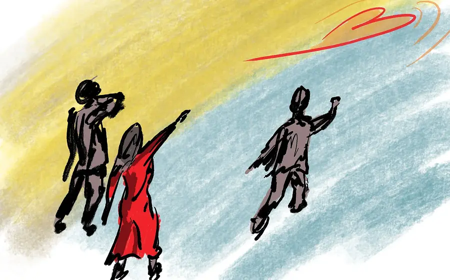 Zeichnung von drei Personen von hinten in einer Bewegung, die mittlere Person trägt ein rotes Kleid, oben im Bild ein gezeichnetes Herz