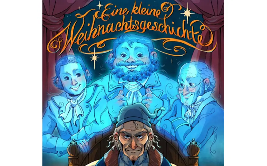 Plakat Eine kleine Weihnachtsgeschichte mit einer grimmigen Figur im Vordergrund vor einem Bett, dahinter drei blau leuchtende gezeichnete Figuren unter dem Titel Eine kleine Weihnachtsgeschichte, eingerahmt von roten Theatervorhängen und Sternenmotiven