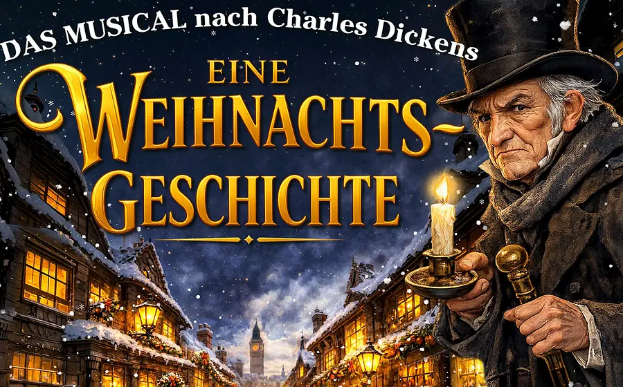 Plakat Eine Weihnachtsgeschichte nach Charles Dickens mit einer älteren Figur im Zylinder und Wintermantel, die eine brennende Kerze und einen Spazierstock hält, vor einer verschneiten viktorianischen Straße mit festlich beleuchteten Häusern und dem Big Ben im Hintergrund.