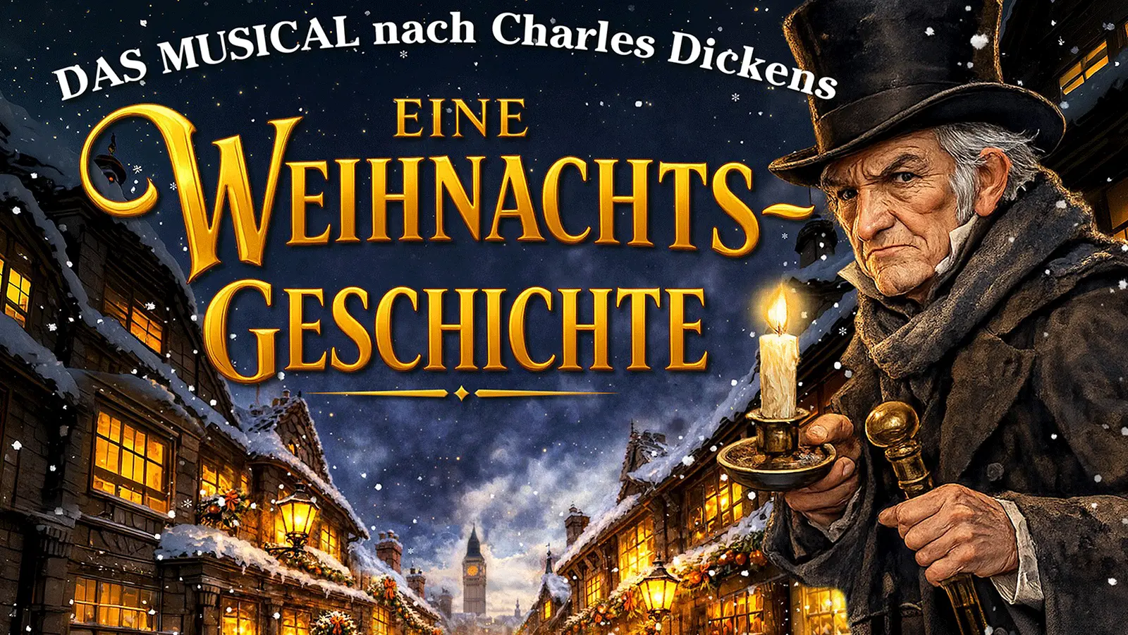 Plakat Eine Weihnachtsgeschichte nach Charles Dickens mit einer älteren Figur im Zylinder und Wintermantel, die eine brennende Kerze und einen Spazierstock hält, vor einer verschneiten viktorianischen Straße mit festlich beleuchteten Häusern und dem Big Ben im Hintergrund.