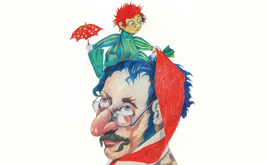 Illustration eines Mannes mit rundem Brillengestell, markanter Nase, schwarzem Schnurrbart und roter Zipfelmütze. Auf seinem Kopf sitzt eine kleine Fantasiefigur mit roten Haaren, grün-blau gestreifter Kleidung, rotem Regenschirm und rotem Tuch. Der Hintergrund ist weiß,