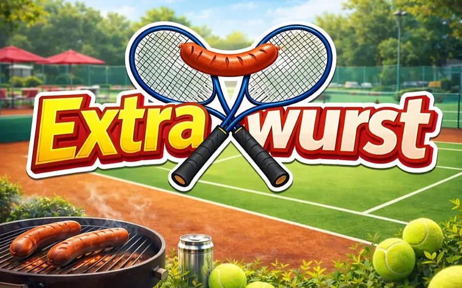 Grafik mit einem Grill und Currywursten vor einem Tennisplatz, darauf ein Logo aus zwei Tennisschlägern und einer Currywurst