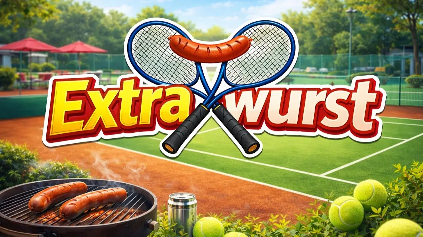 Grafik mit einem Grill und Currywursten vor einem Tennisplatz, darauf ein Logo aus zwei Tennisschlägern und einer Currywurst