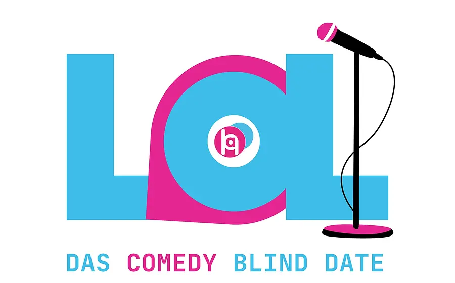 Grafik mit großen Buchstaben LOL in hellblau und pink sowie Aufschrift Das Comedy Blind Date