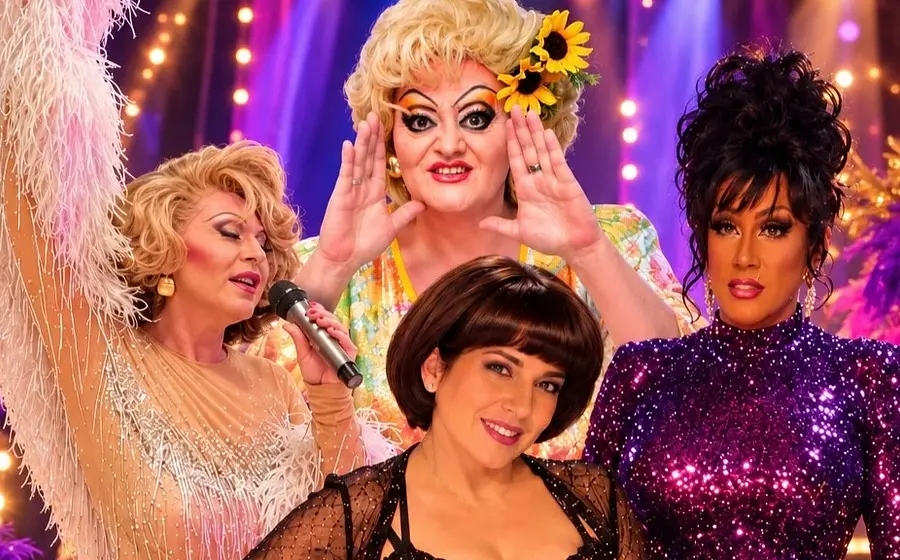 Vier Personen in glitzernden Bühnenkostümen vor einer violett goldenen Showkulisse mit Lichterketten und Federdekorationen, darunter eine Person in violettem Paillettenkleid, eine Person in hellem Fransenoutfit mit Mikrofon sowie zwei weitere Personen in Perücken und schwarzer Bühnenkleidung.