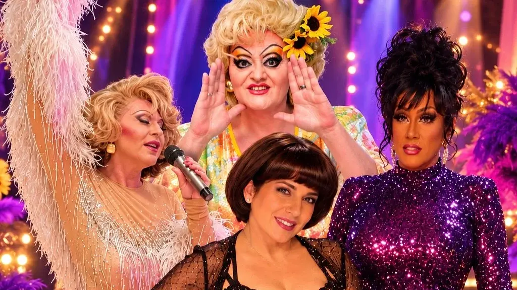 Vier Personen in glitzernden Bühnenkostümen vor einer violett goldenen Showkulisse mit Lichterketten und Federdekorationen, darunter eine Person in violettem Paillettenkleid, eine Person in hellem Fransenoutfit mit Mikrofon sowie zwei weitere Personen in Perücken und schwarzer Bühnenkleidung.