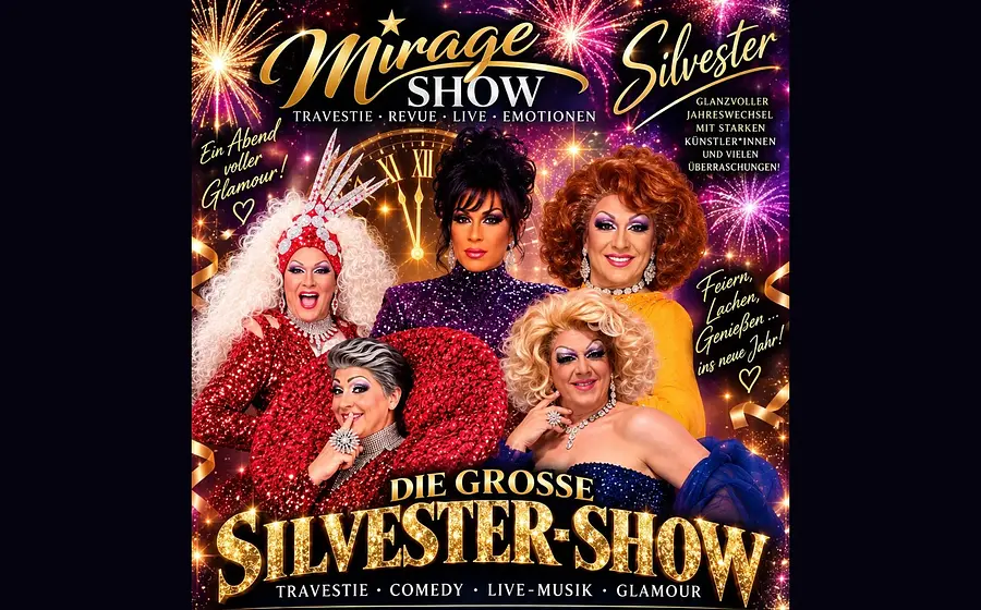 Plakat Die große Silvester-Show der Mirage Show mit fünf Mitwirkenden in glitzernden Bühnenkostümen vor Feuerwerk und großer Uhr mit Mitternachtsanzeige, umrahmt von goldenen Schriftzügen und funkelnden Lichteffekten auf violettem Hintergrund.