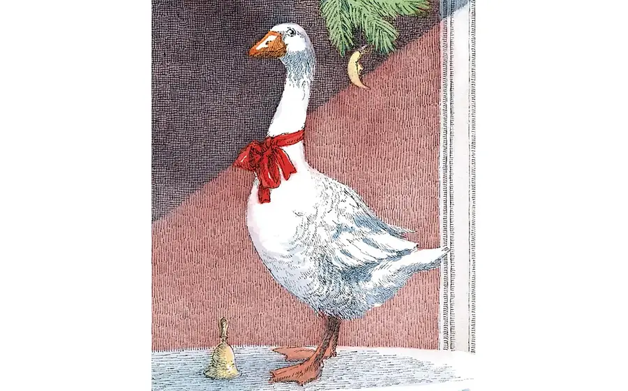 Illustration einer weißen Gans mit roter Schleife um den Hals, die neben einem kleinen Glöckchen steht, vor rosafarbener Wand und unter einem Tannenzweig mit Mondmotiv