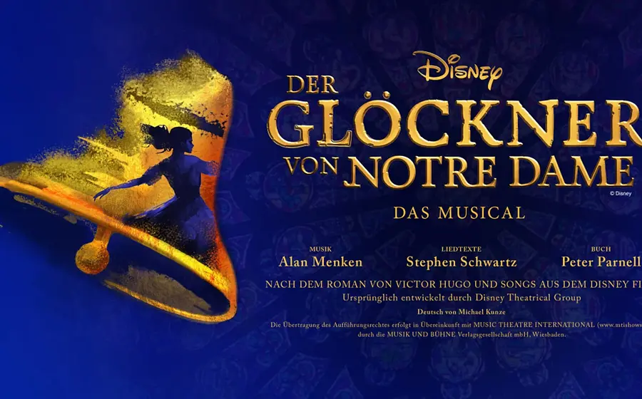 Plakat in blau mit Grafik einer goldenen Glocke und goldene Aufschrift