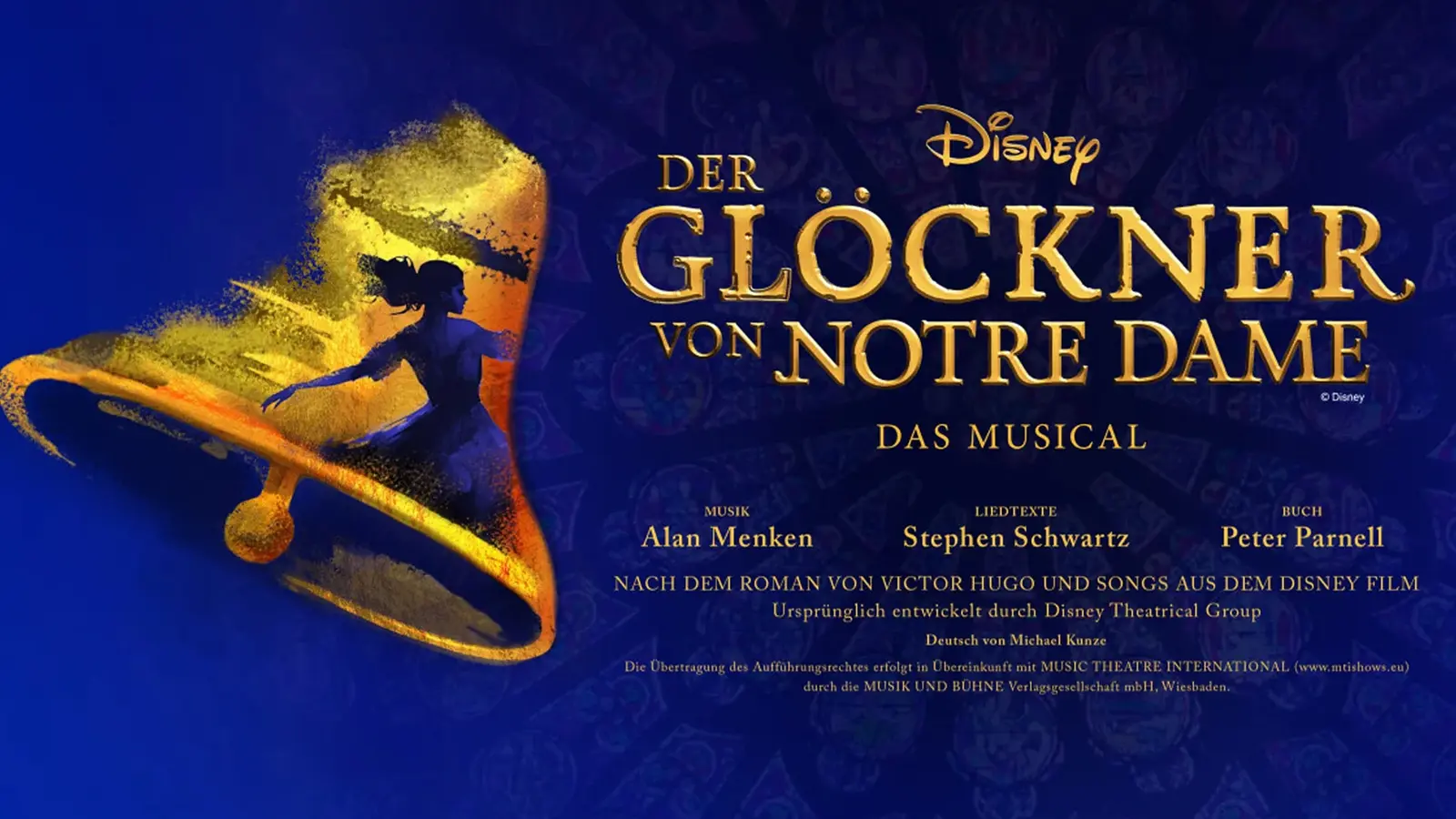 Plakat in blau mit Grafik einer goldenen Glocke und goldene Aufschrift