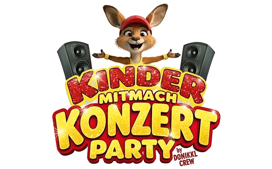 Plakat Kinderkonzert mit Comic-Hase zwischen zwei Lautsprechern. Große, bunte Schrift auf weißem Hintergrund.