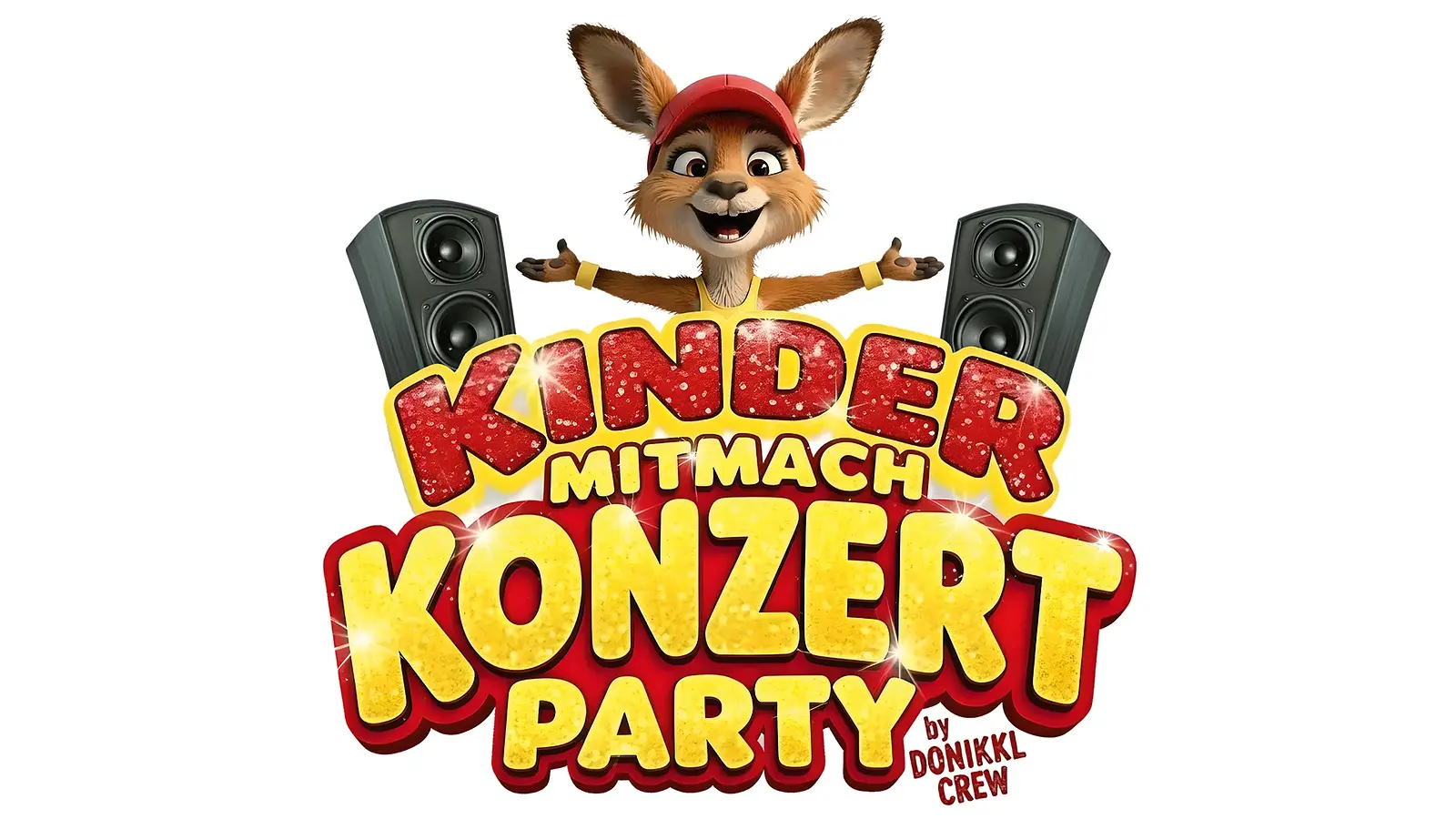Plakat Kinderkonzert mit Comic-Hase zwischen zwei Lautsprechern. Große, bunte Schrift auf weißem Hintergrund.