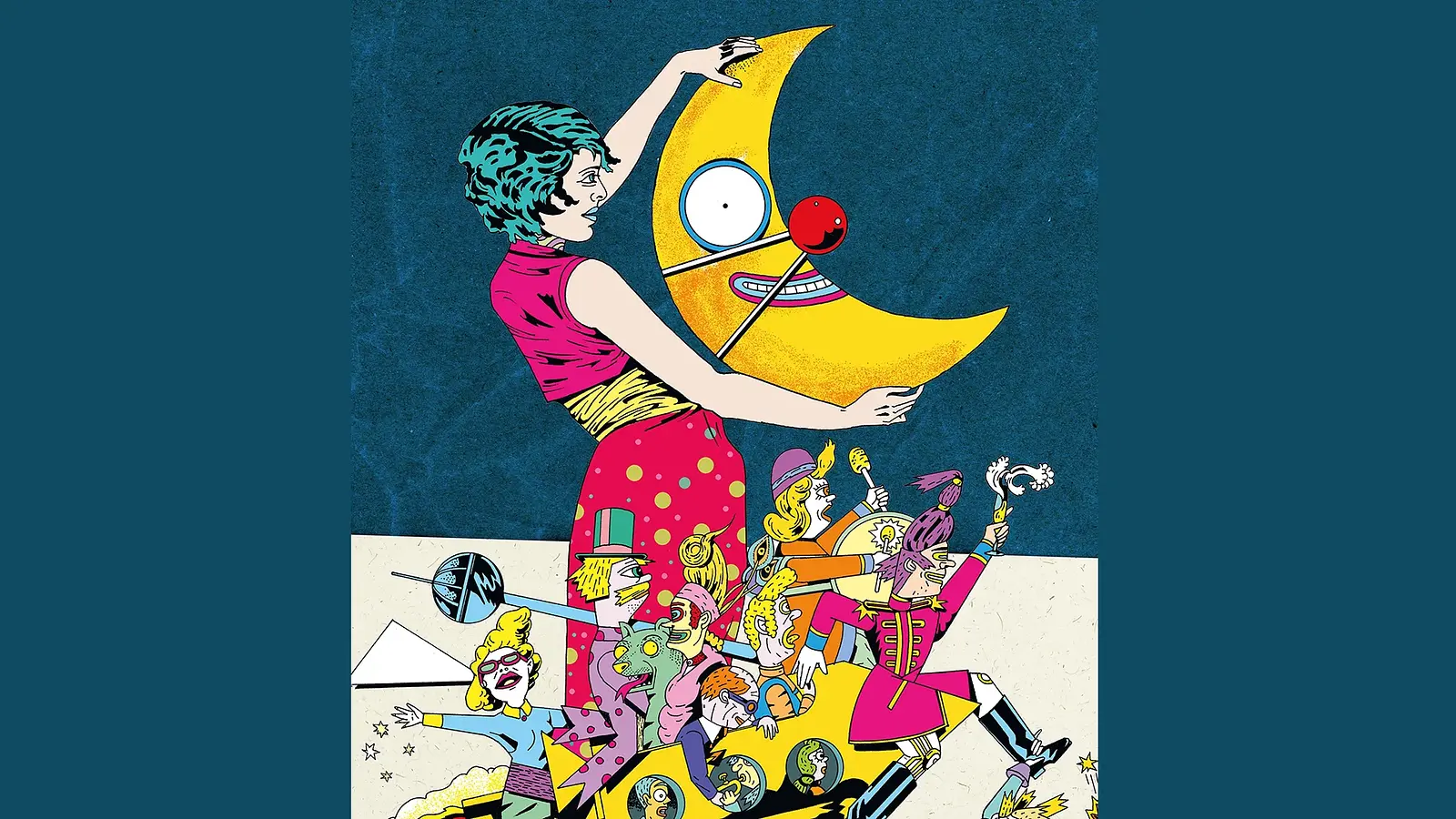 Illustration einer Frau mit türkisfarbenen Haaren und pinkem Kleid, die eine gelbe Mondsichel mit Gesicht hält. Darunter drängt sich eine Gruppe bunter Fantasiefiguren in pinken, gelben, blauen, grünen und violetten Kostümen. Der Hintergrund ist dunkelblau mit einer hellen Bodenfläche.