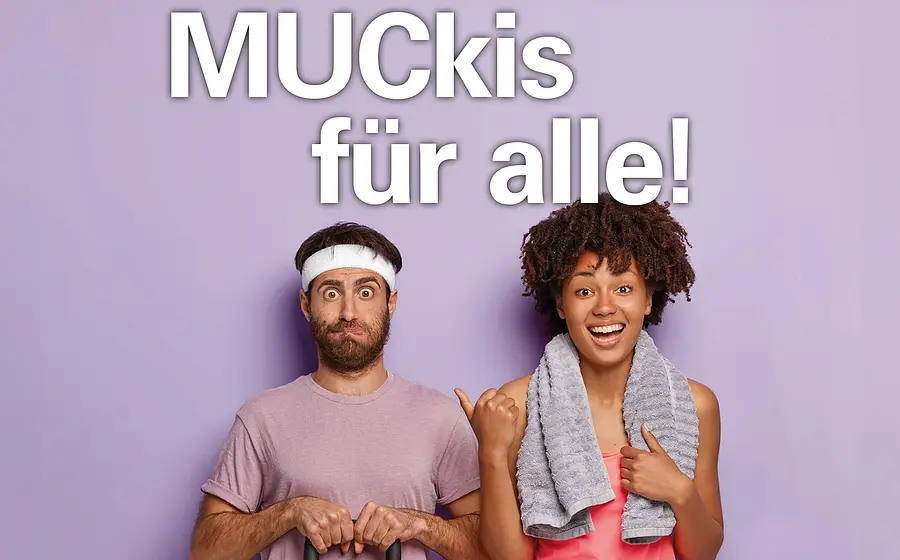 Plakat für Freizeitsport Muckis für alle mit zwei Personen in Sportbekleidung vor violettem Hintergrund