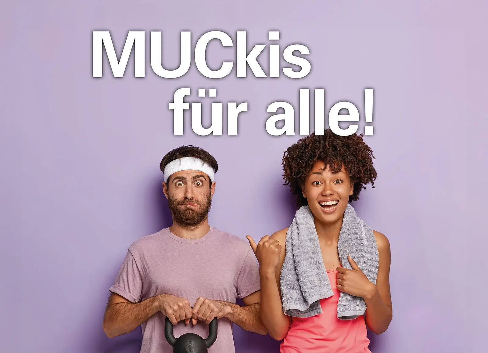 Plakat für Freizeitsport Muckis für alle mit zwei Personen in Sportbekleidung vor violettem Hintergrund