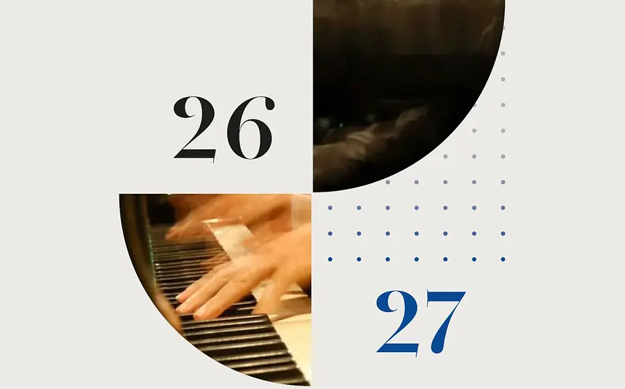 Grafik zum Klassikprogramm Garmisch-Partenkirchen 2026/27 mit den Jahreszahlen 26 und 27, kombiniert mit Bildausschnitten eines Klaviers und einer Konzertszene sowie geometrischen Formen auf hellem Hintergrund