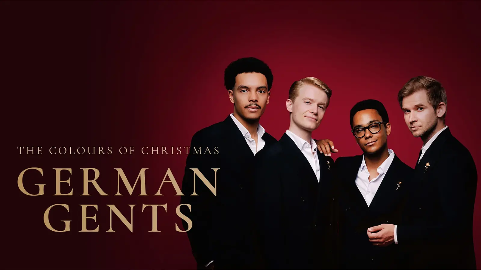 German Gents, The Colours of Christmas: Vier Sänger in schwarzen Anzügen vor rotem Hintergrund mit Titeltext.