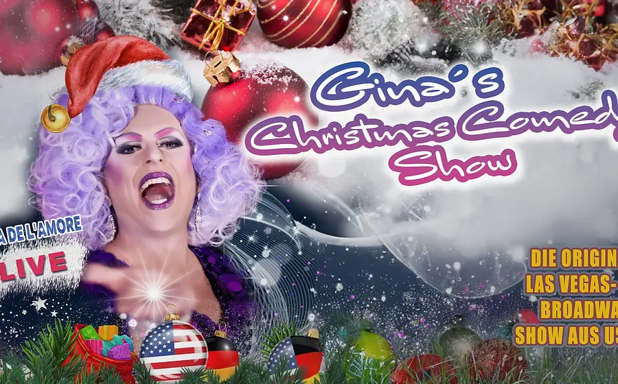 Veranstaltungsplakat zu ‚Gina’s Christmas Comedy Show – Live!‘ mit der Künstlerin vor weihnachtlicher Dekoration und vielen festlichen Elementen im Hintergrund