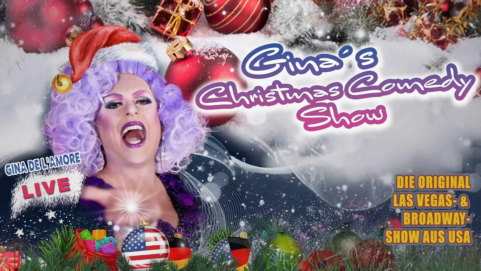 Veranstaltungsplakat zu ‚Gina’s Christmas Comedy Show – Live!‘ mit der Künstlerin vor weihnachtlicher Dekoration und vielen festlichen Elementen im Hintergrund