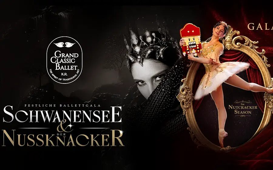 Eine Werbegrafik zur festlichen Ballettgala Schwanensee und Der Nussknacker mit den Aufschriften Grand Classic Ballet und Gala sowie einer Balletttänzerin mit Nussknackerfigur vor rotem Vorhang und ornamentalem Rahmen.
