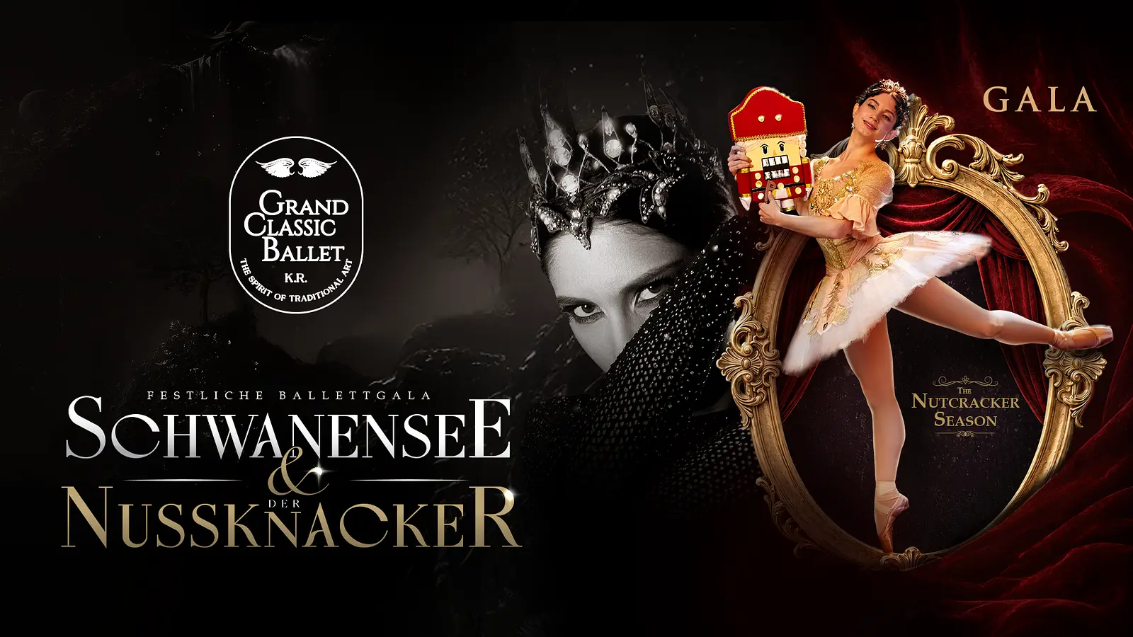 Eine Werbegrafik zur festlichen Ballettgala Schwanensee und Der Nussknacker mit den Aufschriften Grand Classic Ballet und Gala sowie einer Balletttänzerin mit Nussknackerfigur vor rotem Vorhang und ornamentalem Rahmen.