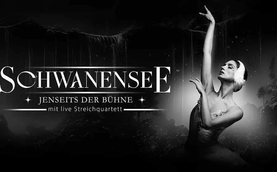 Grafik mit der Aufschrift Schwanensee und einer Ballettänzerin, die in schwarz-weiß posiert.