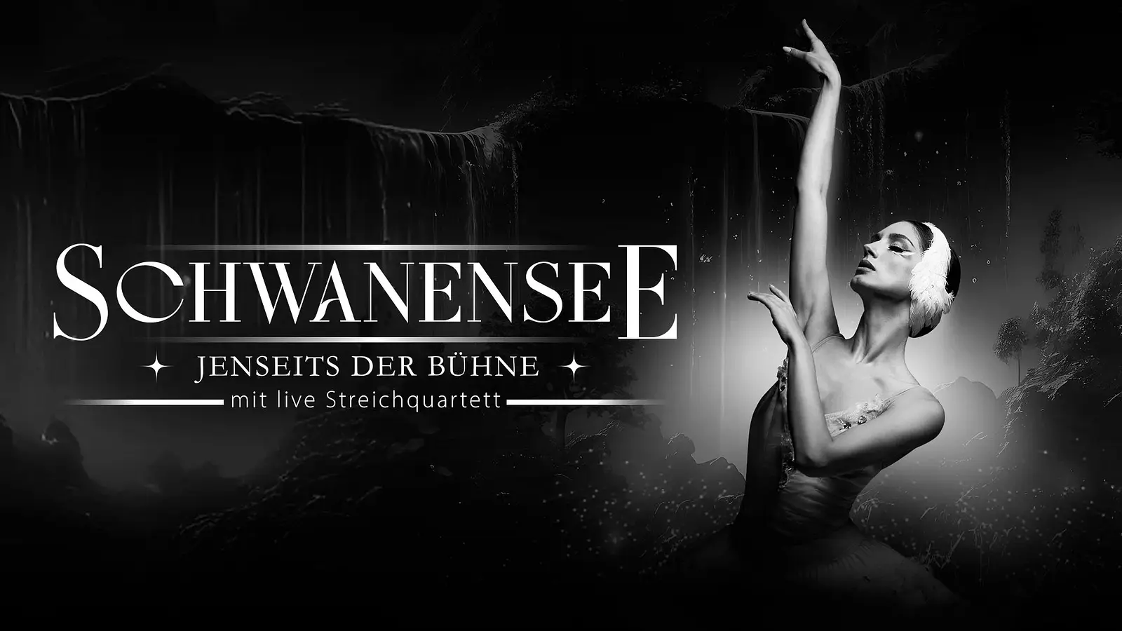 Grafik mit der Aufschrift Schwanensee und einer Ballettänzerin, die in schwarz-weiß posiert.