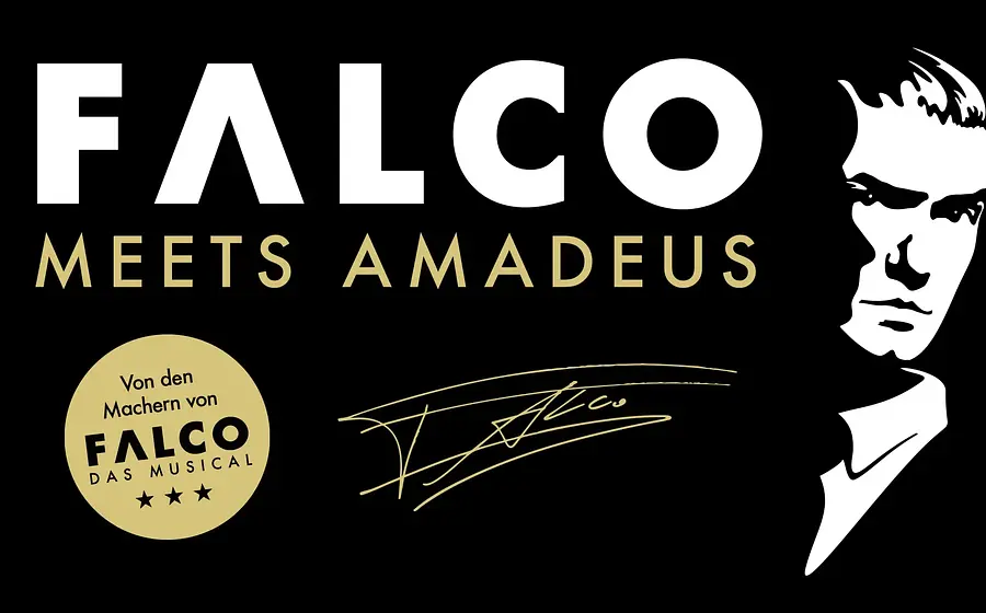 Logo zum Musical „Falco meets Amadeus“ mit stilisiertem Porträt, goldener Signatur und Hinweis „Von den Machern von Falco – Das Musical“ auf schwarzem Hintergrund.