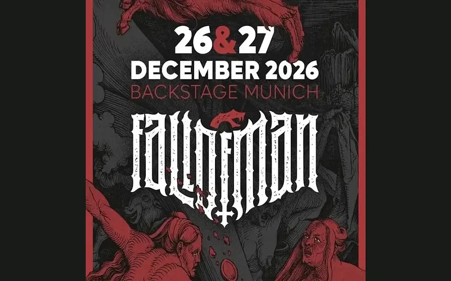 Konzertplakat mit roter und schwarzer Illustration und der Aufschrift Fall of Man, 26 & 27 Dezember 2026 und Backstage Munich