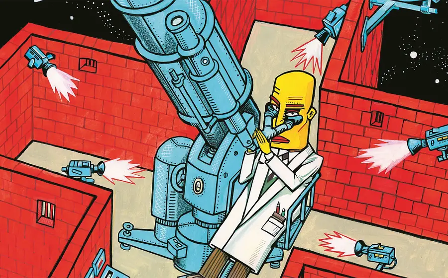 Illustratives Motiv mit stilisiertem Laborraum, in dem eine Figur im weißen Kittel durch ein großes Mikroskop blickt, umgeben von Kameras und roten Wänden in grafischem Comicstil