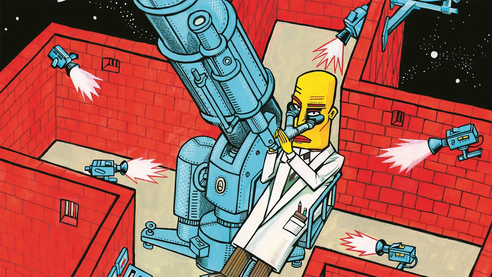 Illustratives Motiv mit stilisiertem Laborraum, in dem eine Figur im weißen Kittel durch ein großes Mikroskop blickt, umgeben von Kameras und roten Wänden in grafischem Comicstil