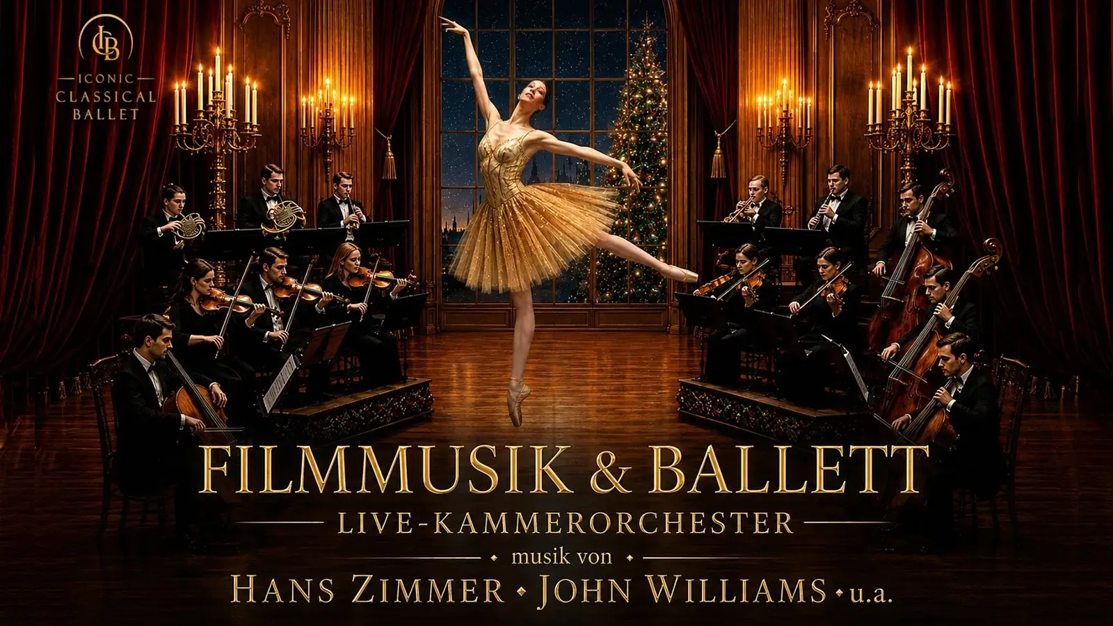 Plakat Filmmusik & Ballett mit einer Balletttänzerin im goldenen Kostüm vor einem Kammerorchester in einem festlich beleuchteten Saal, dazu der Schriftzug Filmmusik & Ballett – Live-Kammerorchester und Hinweise auf Musik von Hans Zimmer und John Williams.