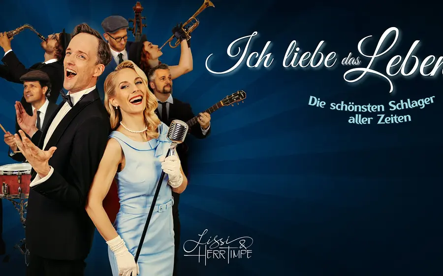 Grafik aus mehreren Fotos der Musiker*innen mit Instrumenten auf blauem Hintergrund mit Ankündigung