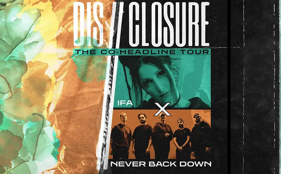 Plakatmotiv zur The Co Headline Tour von Disclosure und Never Back Down. Zu sehen sind ein Porträt mit der Aufschrift IFA sowie ein Gruppenfoto von Never Back Down, eingebettet in ein grafisches Design mit türkisfarbenen und orangefarbenen Elementen.
