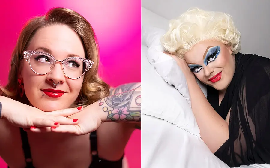 Porträtcollage mit zwei Personen, links eine Person mit auffälliger Brille, Tattoos und Piercings vor pinkem Hintergrund, rechts eine Person mit blondem Haarstyling und markantem Bühnen-Make-up auf einem weißen Bett vor hellem Hintergrund