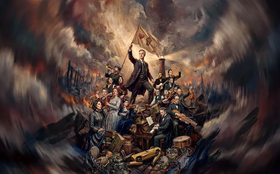 Foto für die Veranstaltung von JAN BÖHMERMANN mit einer Illustration, die dem Gemälde ‚Die Freiheit führt das Volk‘ sehr ähnelt.