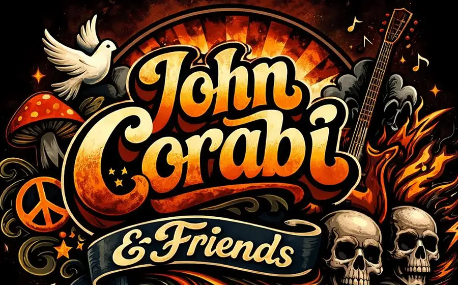 Grafisches Plakatmotiv mit der Aufschrift John Corabi & Friends. Um den Schriftzug sind eine weiße Taube, eine Gitarre, ein Friedenssymbol, Flammen, Totenschädel und Musiknoten in einem farbenfrohen Rockdesign angeordnet.