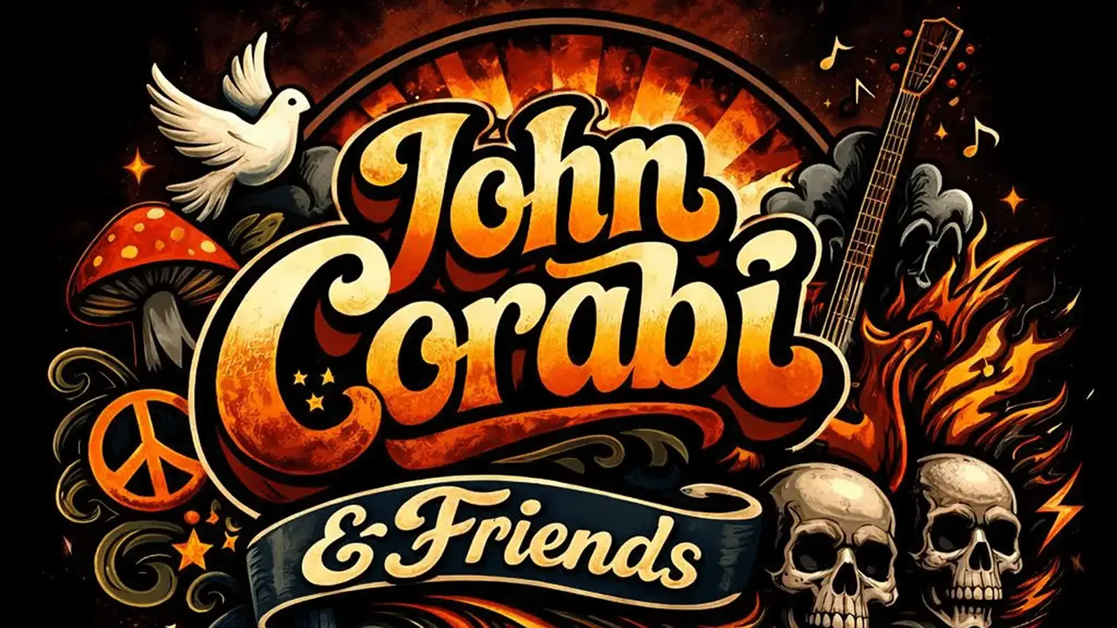 Grafisches Plakatmotiv mit der Aufschrift John Corabi & Friends. Um den Schriftzug sind eine weiße Taube, eine Gitarre, ein Friedenssymbol, Flammen, Totenschädel und Musiknoten in einem farbenfrohen Rockdesign angeordnet.
