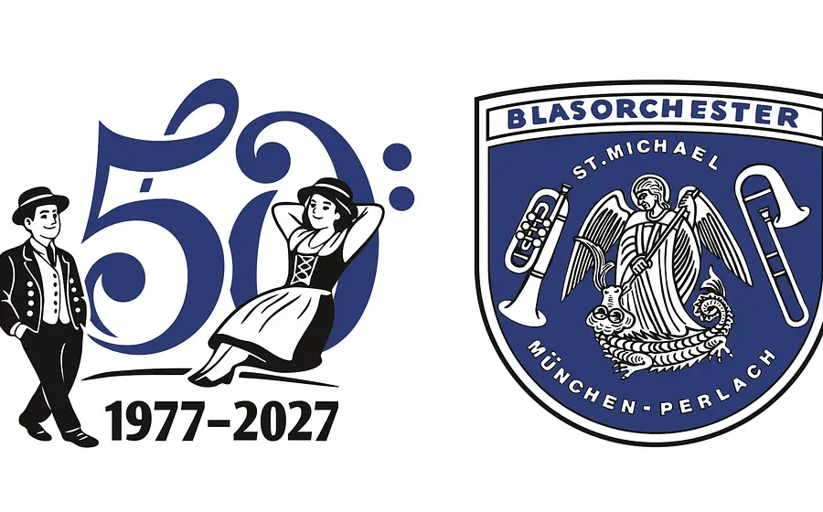 Jubiläumsgrafik zum 50 jährigen Bestehen des Blasorchesters St Michael München Perlach. Zu sehen sind die Aufschriften 50 1977 bis 2027 sowie das Vereinswappen mit Engel, Trompete und Posaune, ergänzt durch stilisierte Trachtenfiguren.