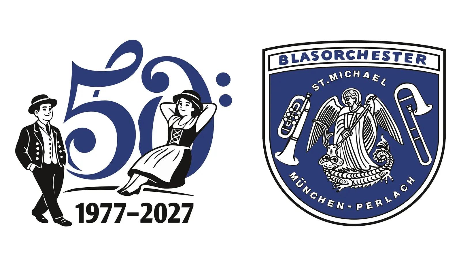 Jubiläumsgrafik zum 50 jährigen Bestehen des Blasorchesters St Michael München Perlach. Zu sehen sind die Aufschriften 50 1977 bis 2027 sowie das Vereinswappen mit Engel, Trompete und Posaune, ergänzt durch stilisierte Trachtenfiguren.