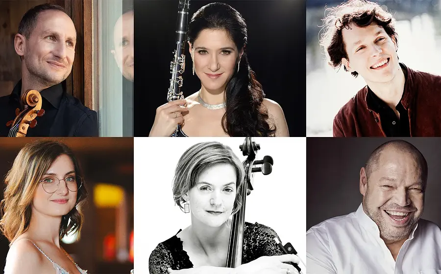 Collage aus sechs Studio‑ und Porträtaufnahmen von Musikerinnen und Musikern mit verschiedenen Instrumenten, angeordnet in einem Raster auf hellem und dunklem Hintergrund.